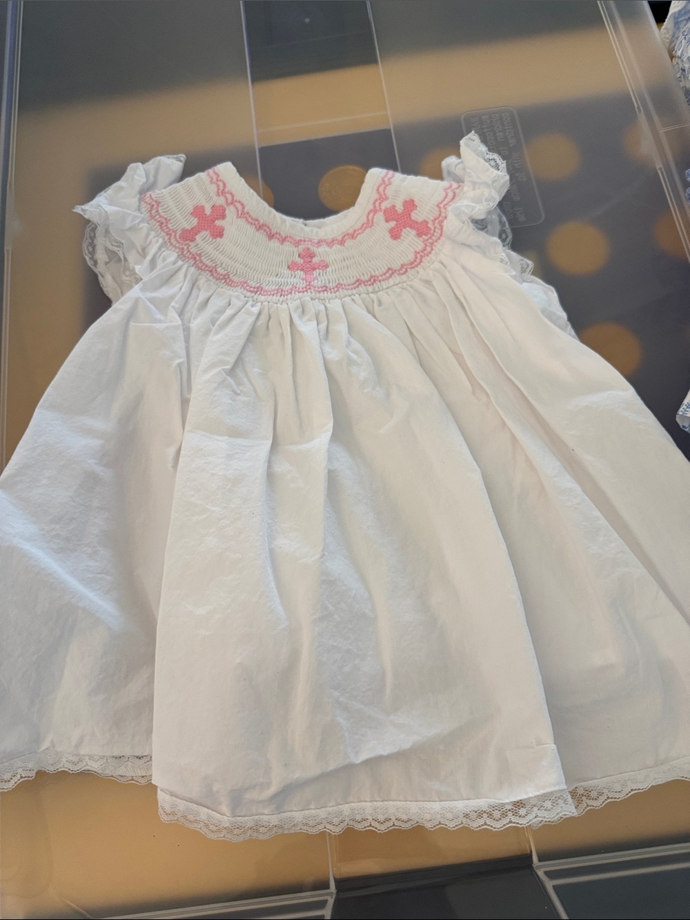White Cotton Smocked Girls Dress with Pink Embroidery